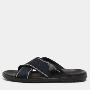 Prada Blue/Black Leather and Fabric Logo Tape Crisscross Slide Sandals Size 42