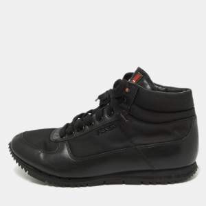 Prada Black Leather and Canvas High Top Sneakers Size 41