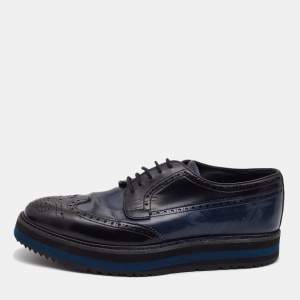 Prada Black/Navy Blue Patent Leather Brogue Oxford Sneakers Size 39