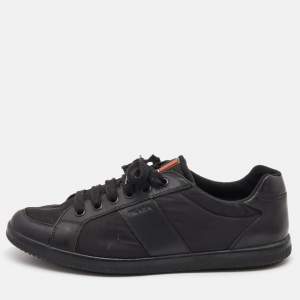 Prada Black Leather and Nyon Low Top Sneakers Size 44