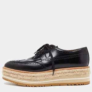 Prada Black Brogue Leather Wave Wingtip Espadrille Platform Derby Sneakers Size 42.5