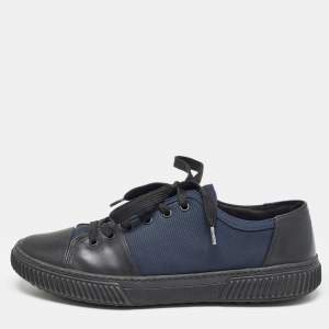 Prada Black/Blue Leather and Canvas Low Top Sneakers Size 42