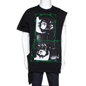 Raf Simons Black Printed Cotton Double Neck Detail T-Shirt L