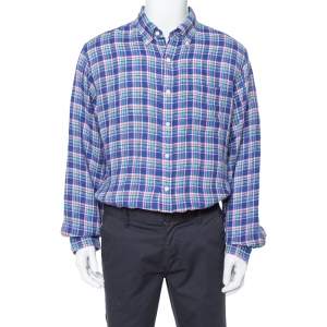 Pre Owned Ralph Lauren Pigment Blue Sea Soft Linen Plaid Shirt XL