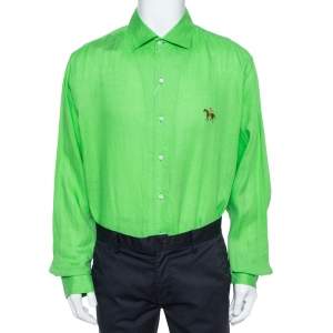 قميص رالف لورين أزرار أمامية مطرز شعار الماركة كتان أخضر مقاس كبير جداً جداً (اكس اكس لارج)