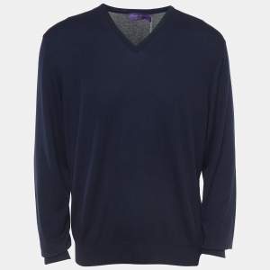 Pre Owned Ralph Lauren Navy Blue Cashmere V-Neck Sweater XL