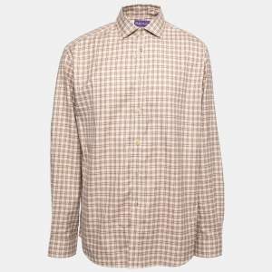 Ralph Lauren Purple Label Brown Checkered Cotton Button Front Shirt XXL