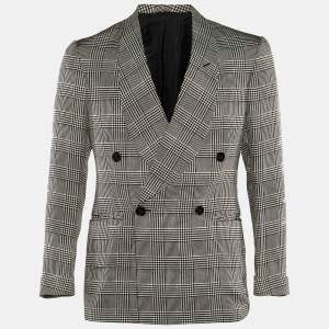 Pre Owned Ralph Lauren Monochrome Houndsttooth Printed Silk Double Breasted Blazer M