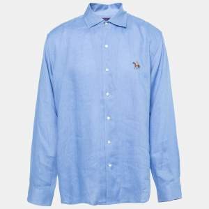 Ralph Lauren Purple Label Blue Linen Tailored Fit Button Front Shirt XXL