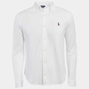 Pre Owned Ralph Lauren White Cotton Pique Knit Button Front Shirt L