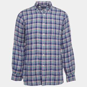 Ralph Lauren Blue Tartan Checks Sea Soft Linen Shirt S