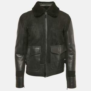 Pre Owned Ralph Lauren Black Shearling and Suede Military Bomber Jacket M