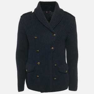مملوكة مسبقًا Ralph Lauren Blue Rib Knit Double Breasted Cardigan S