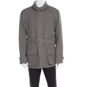 Pre Owned Ralph Lauren Melange Grey Wool And Silk Blend Belted Jacket M