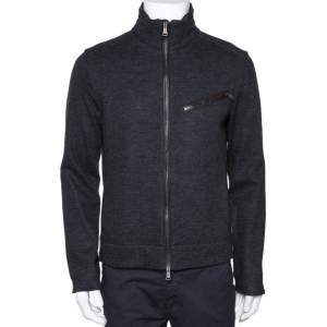 Pre Owned Ralph Lauren Grey Herringbone Wool Zip Front Jacket M