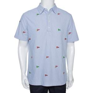 Pre Owned Ralph Lauren Blue Flag Embroidered Striped Knit Oxford Shirt L