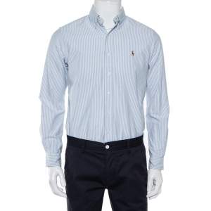 Pre Owned Ralph Lauren White & Blue Striped Cotton Logo Embroidered Button Front Shirt S