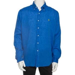 Pre Owned Ralph Lauren Blue Ocean Wash Linen Button Front Sport Shirt L