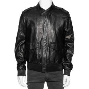 Pre Owned Ralph Lauren Black Leather Zip Front Bomber Jacket L