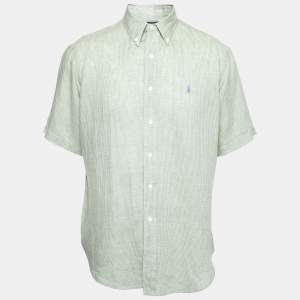 Pre Owned Ralph Lauren Green Checked Linen Short Sleeve Button Front Shirt L
