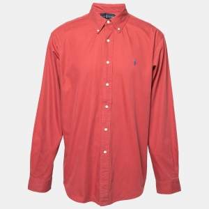 قميص رال�ف لورين قطن أحمر بأزرار أمامية وقصة كلاسيكية مقاس كبير جدًا - إكس لارج