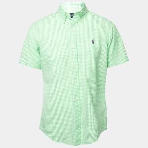 Pre Owned Ralph Lauren Lime Green Checked Crinkled Cotton Short Sleeve Shirt M