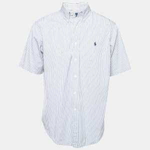 Pre Owned Ralph Lauren Blue Striped Cotton Classic Fit Short Sleeve Shirt L