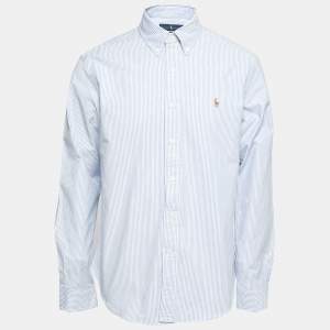 Pre Owned Ralph Lauren White and Blue Striped Cotton Button Front Shirt XL