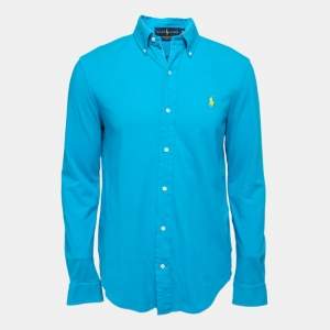 Pre Owned Ralph Lauren Cyan Blue Featherweight Cotton Mesh Button Front Shirt M