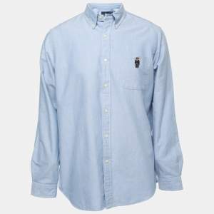 Pre Owned Ralph Lauren Light Blue Cotton Bear Logo Button Front Shirt L