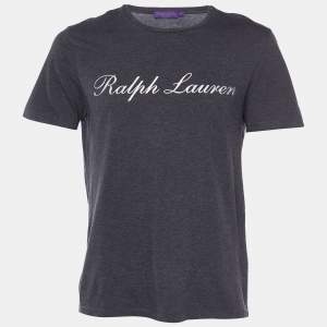 Pre Owned Ralph Lauren Purple Label Grey Logo Signature Printed Cotton Crewneck T-Shirt M