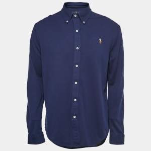 Pre Owned Ralph Lauren Navy Blue Knit Oxford Full Sleeve Shirt L