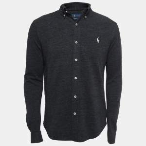 Pre Owned Ralph Lauren Dark Grey Cotton Button Front Full Sleeve Featherweight Mesh T-Shirt M