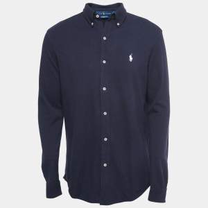 Ralph Lauren Navy Blue Cotton Button Front Full Sleeve Featherweight Mesh T-Shirt M