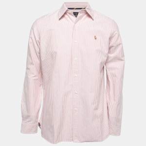 Pre Owned Ralph Lauren Red Striped Cotton Button Down Custom Fit Full Sleeve Shirt M