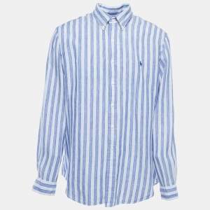 Pre Owned Ralph Lauren Blue Striped Ocean Wash Linen Button Down Full Sleeve Shirt XL