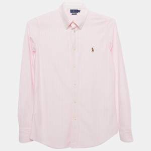 Pre Owned Ralph Lauren Pink Striped Cotton Knit Oxford Button Down Shirt M