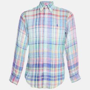 Pre Owned Ralph Lauren Multicolor Madras Check Linen Button Down Shirt M