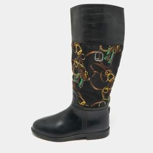 Pre Owned Ralph Lauren Black Rubber and Satin Chain Print Rain Boots Size 43.5  