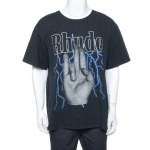 Rhude Black Graphic Printed Cotton Washed Out Effect Oversized T-Shirt M