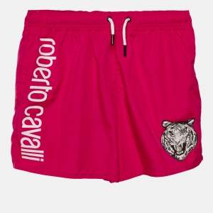 Roberto Cavalli Beachwear Fucsia Pink Logo Printed Swim Shorts S