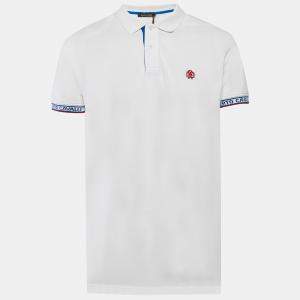 Pre Owned Roberto Cavalli White Logo Trim Pique Cotton Polo T-Shirt XL