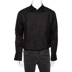 Pre Owned Roberto Cavalli Black Cotton Animal Patterned Trim Concealed Placket Shirt M
