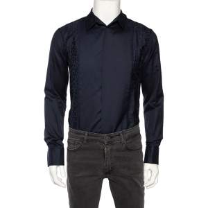 Pre Owned Roberto Cavalli Navy Blue Cotton Animal Patterned Trim Concealed Placket Shirt M 