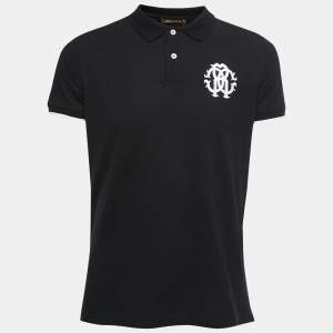 Pre Owned Roberto Cavalli Black Logo Embroidered Cotton Pique Polo T-Shirt L