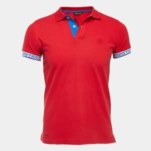 Pre Owned Roberto Cavalli Red Logo Patterned Cotton Pique Polo T-Shirt S