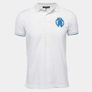 Pre Owned Roberto Cavalli White Logo Embroidered Cotton Polo T-Shirt M