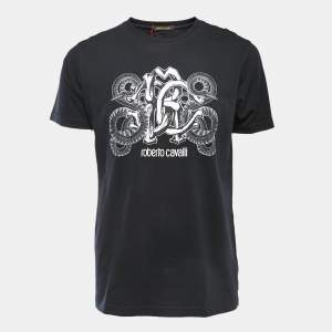 Roberto Cavalli Black Logo Print Cotton Crew Neck Half Sleeve T-Shirt L