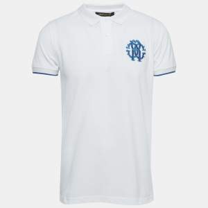 Roberto Cavalli White Logo Embroidered Cotton Pique Polo T-Shirt L