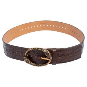 Roberto Cavalli Dark Brown Croc Embossed Leather Snake Detail Buckle Belt